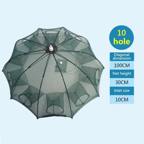 10 Holes Automatic Foldable Fishing Net Nylon Shrimp Crab Minnow Trap Fish Cast Net Fishing Tackle, 10 Holes